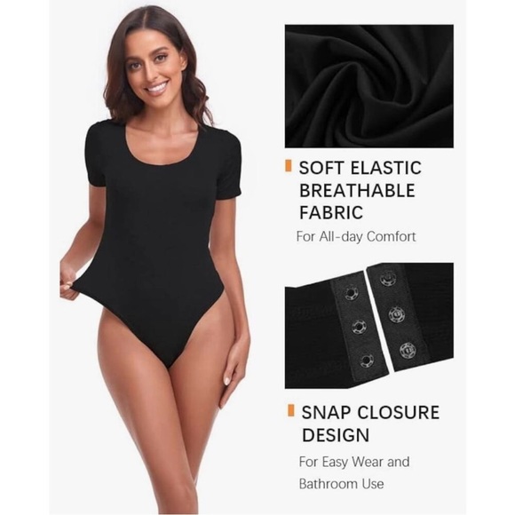 TownCat Women's Deep Scoop Slim Fit Sexy Ribbed Bodysuits, Casual Black Bodysuit - Picture 5 of 10